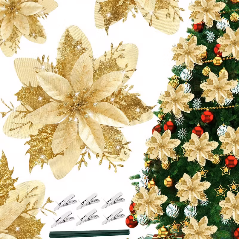 48pcs Golden Glitter Christmas Flowers with Clips - Elegant Golden Floral Decorations, No Assembly Needed, Durable Plastic Artificial Flowers for Christmas Tree, Wreaths, Wedding, Party, Home - Indoor/Outdoor Holiday Decor - Reusable & Easy to Hang, Christmas Flower Decorations, Festive Decorations, Festive Design, Lightweight Decorations, Decorative Blooms, Event Planners, Christmas Decor